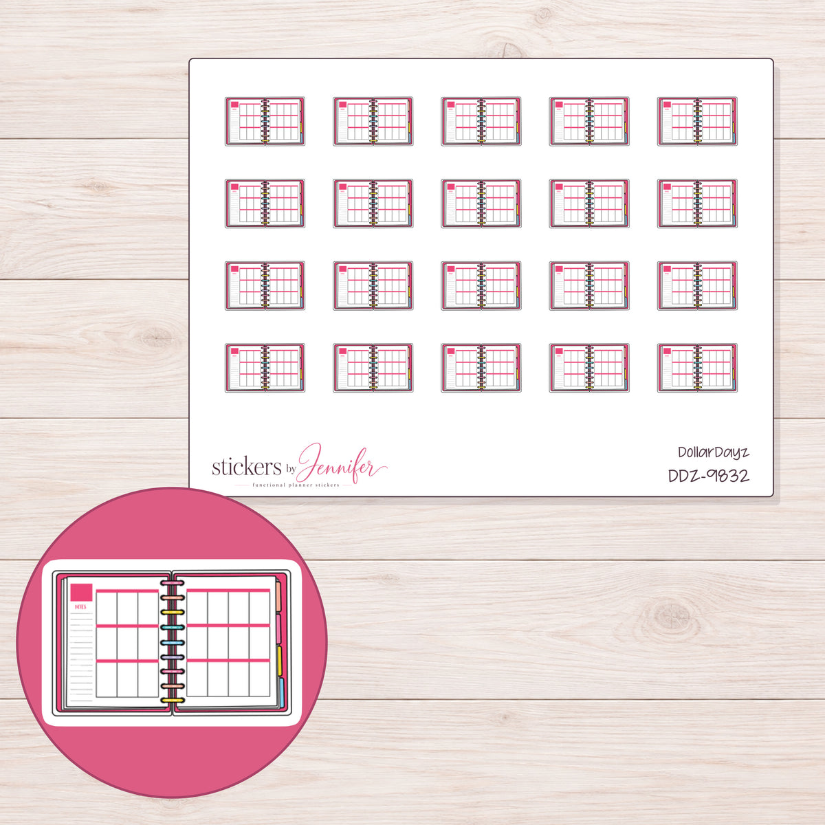 DDZ-9832 planner sticker sheet with enlarged sticker detail
