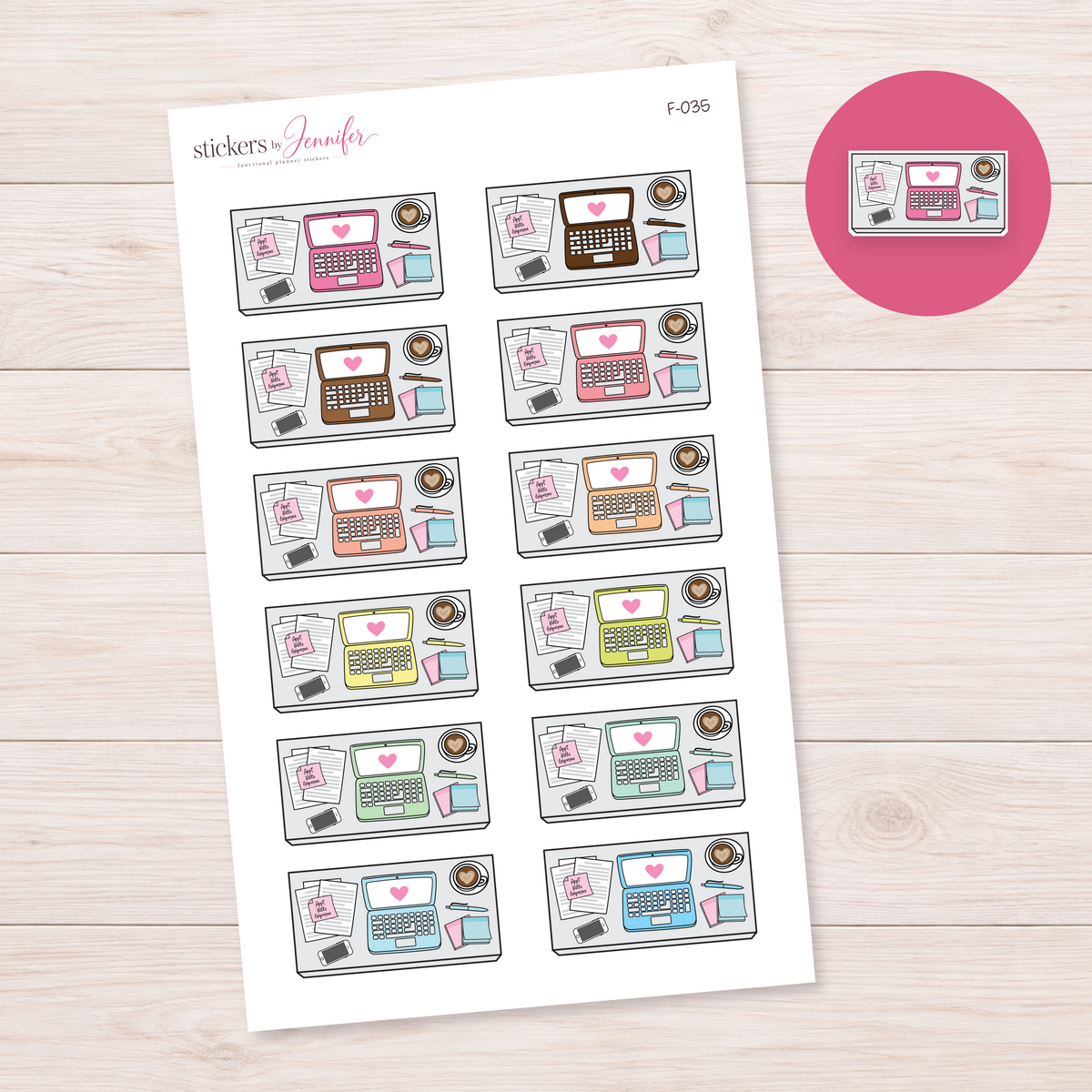 Laptop Workspace — Soft Color Mix Planner Stickers | F-035