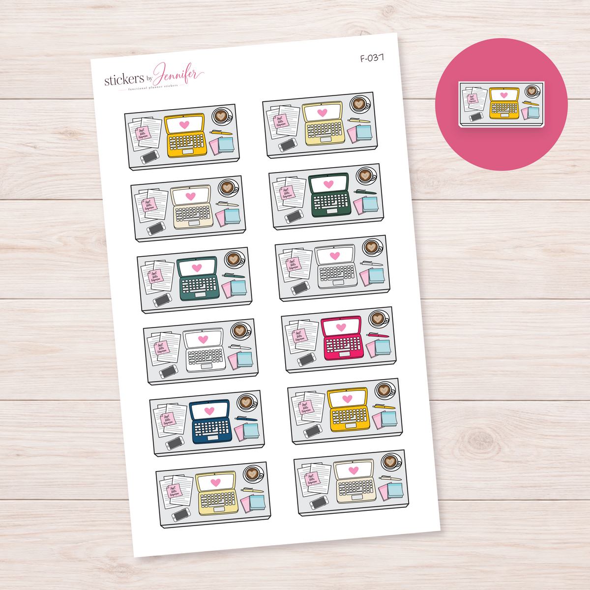 Laptop Workspace — Accent Color Mix Planner Stickers | F-037
