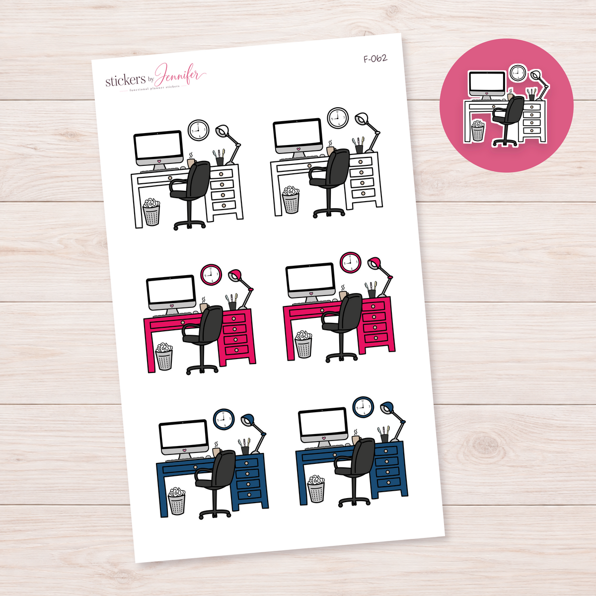 Office Desk — White Pink and Navy Planner Stickers | F-062