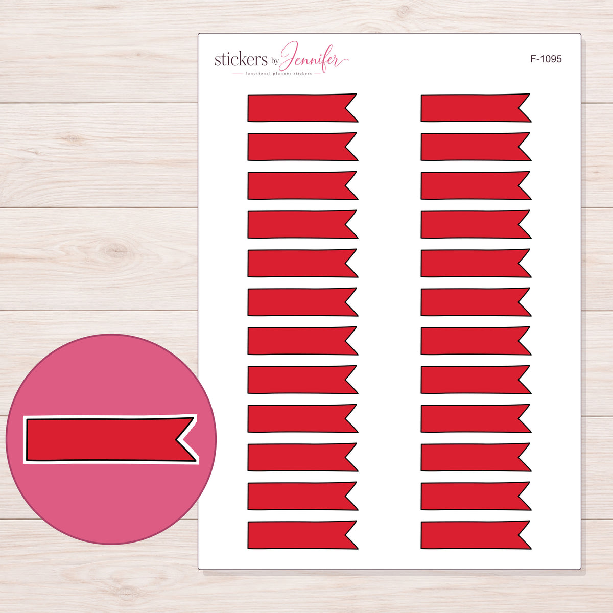 Red Single-Notch Banner Label Planner Stickers | F-1095 — 5 × 7 inch sheet and enlarged sticker detail