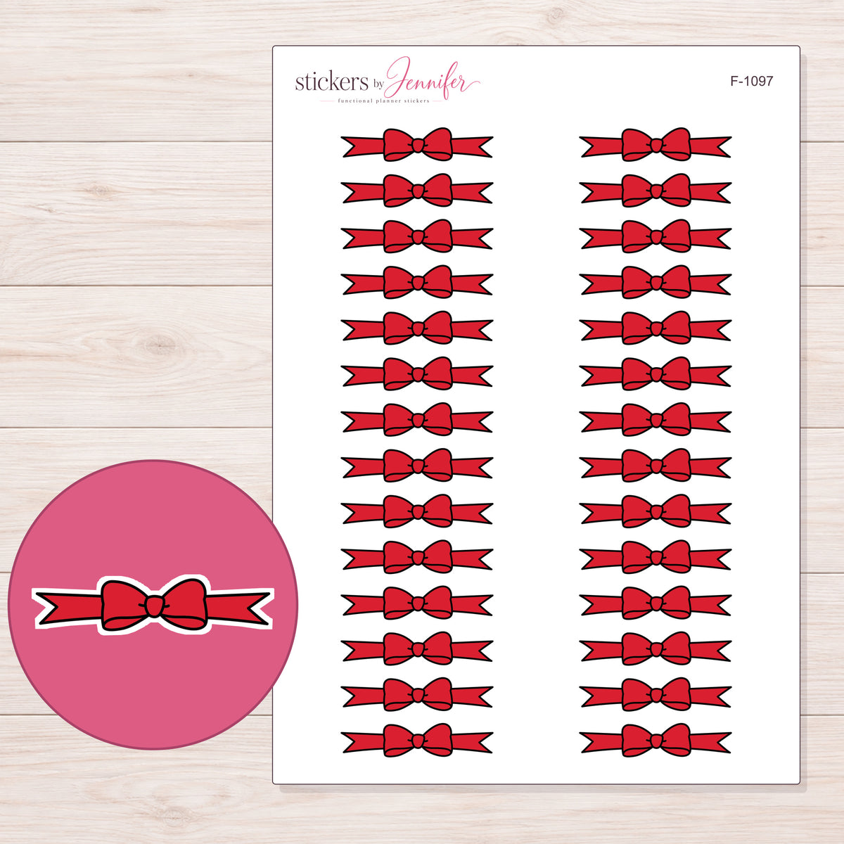 Red Bow Ribbon Divider Planner Stickers | F-1097 — 5 × 7 inch sheet and enlarged sticker detail