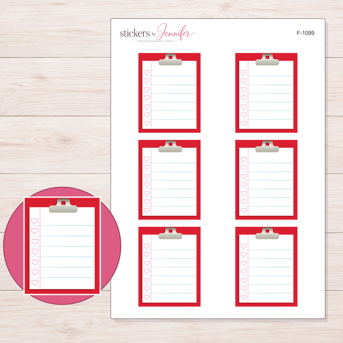 Red Clipboard Checklist Planner Stickers | F-1099 — 5 × 7 inch sheet and enlarged sticker detail