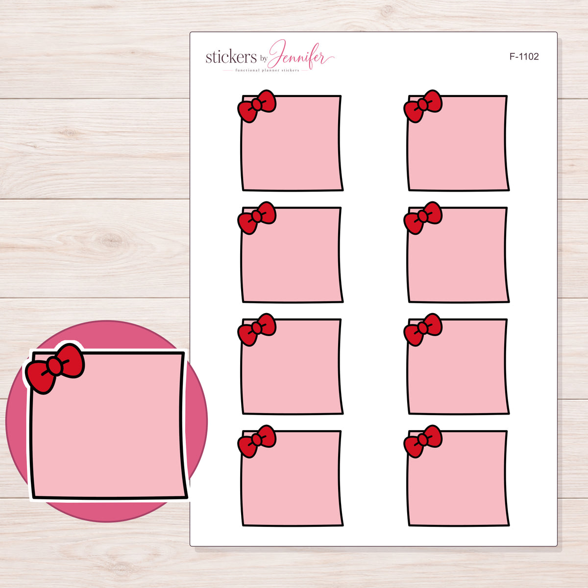 Pink Bow Note Planner Stickers | F-1102 — 5 × 7 inch sheet and enlarged sticker detail