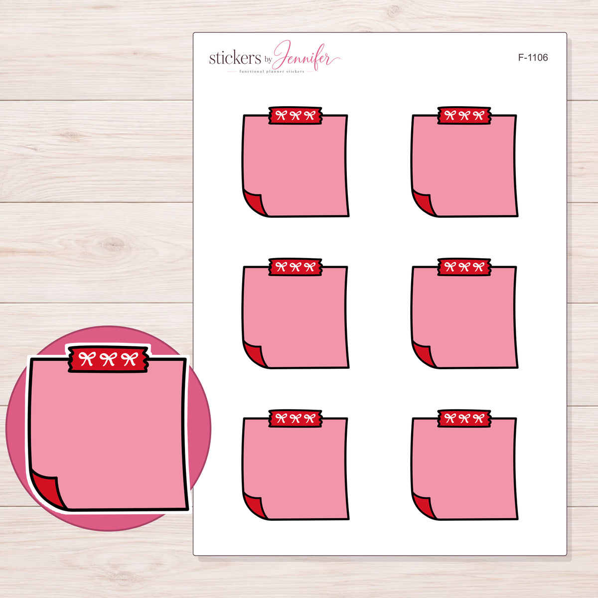 Pink Top-Tape Note Planner Stickers | F-1106 — 5 × 7 inch sheet and enlarged sticker detail