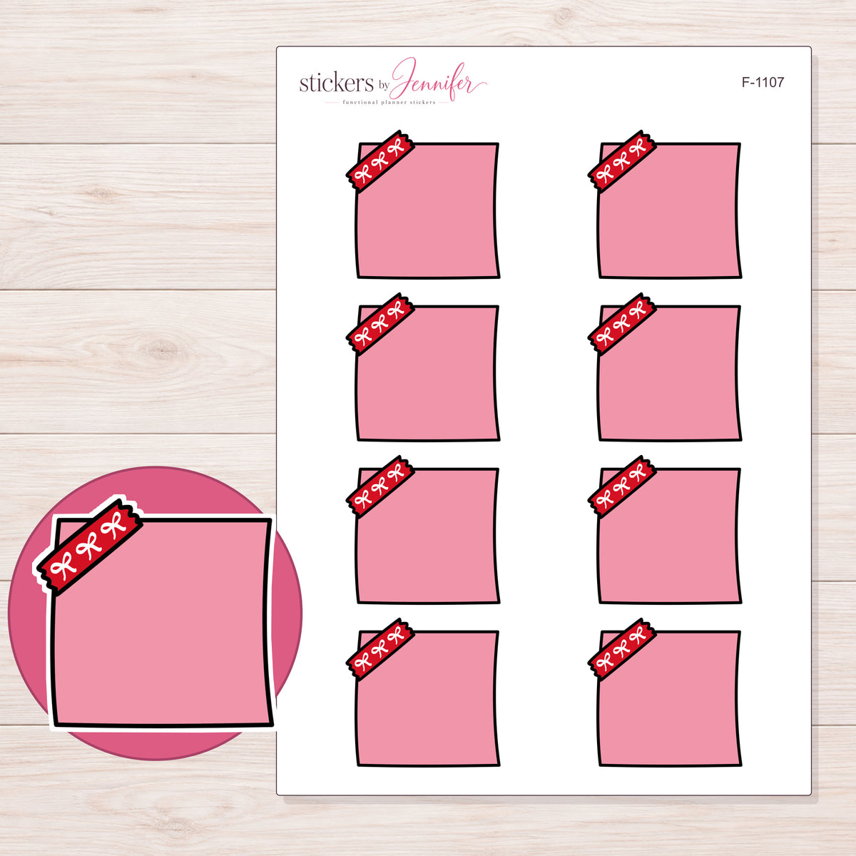 Pink Corner-Tape Note Planner Stickers | F-1107 — 5 × 7 inch sheet and enlarged sticker detail
