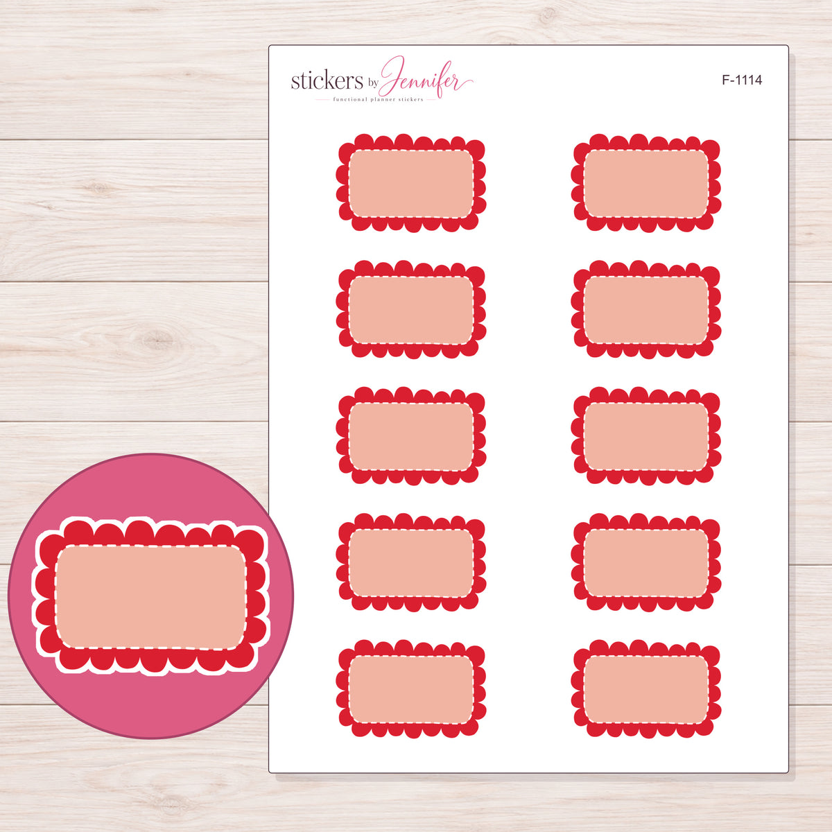 Red Scalloped Half Box Label Planner Stickers | F-1114 — 5 × 7 inch sheet and enlarged sticker detail
