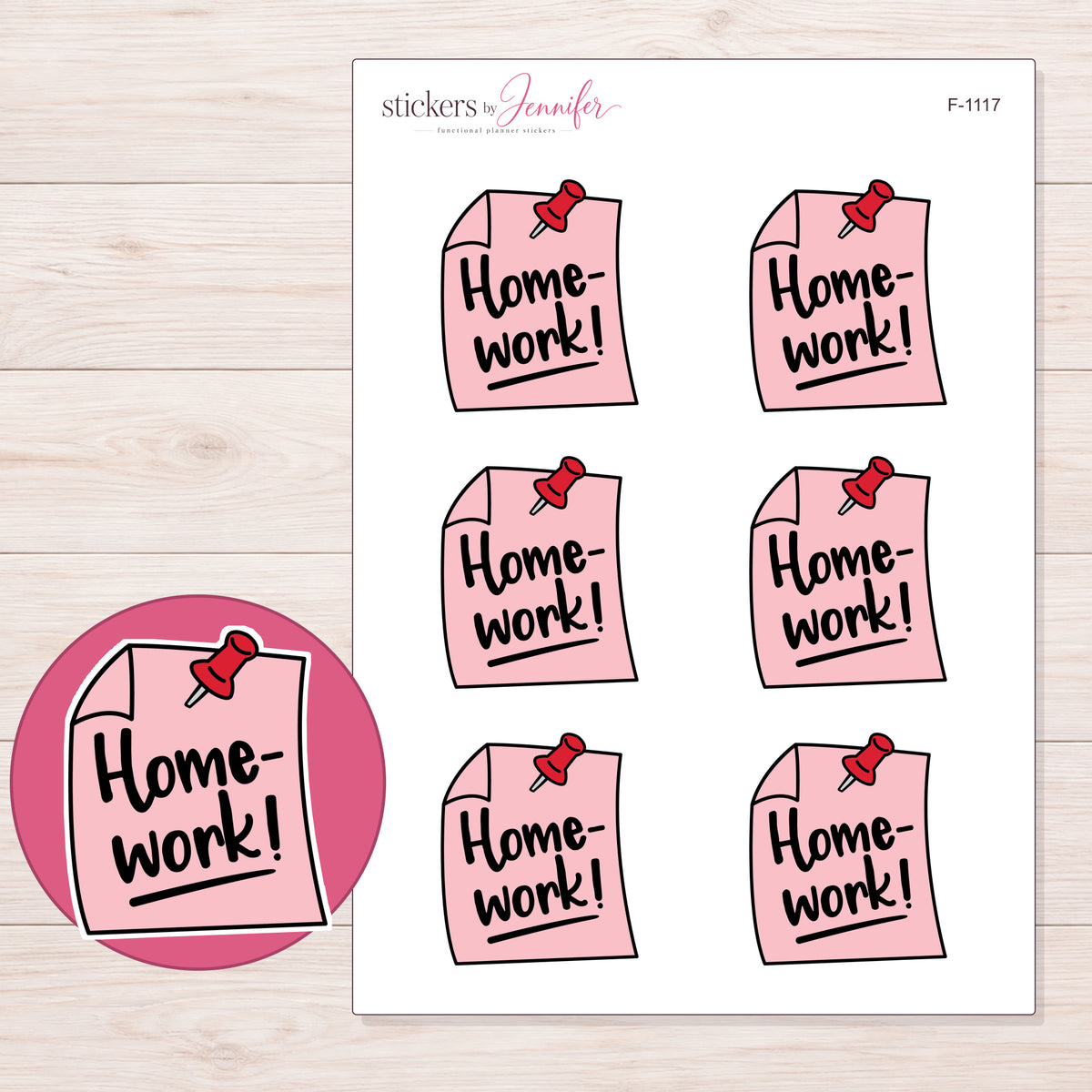 Pink Homework Reminder Note Planner Stickers | F-1117 — 5 × 7 inch sheet and enlarged sticker detail