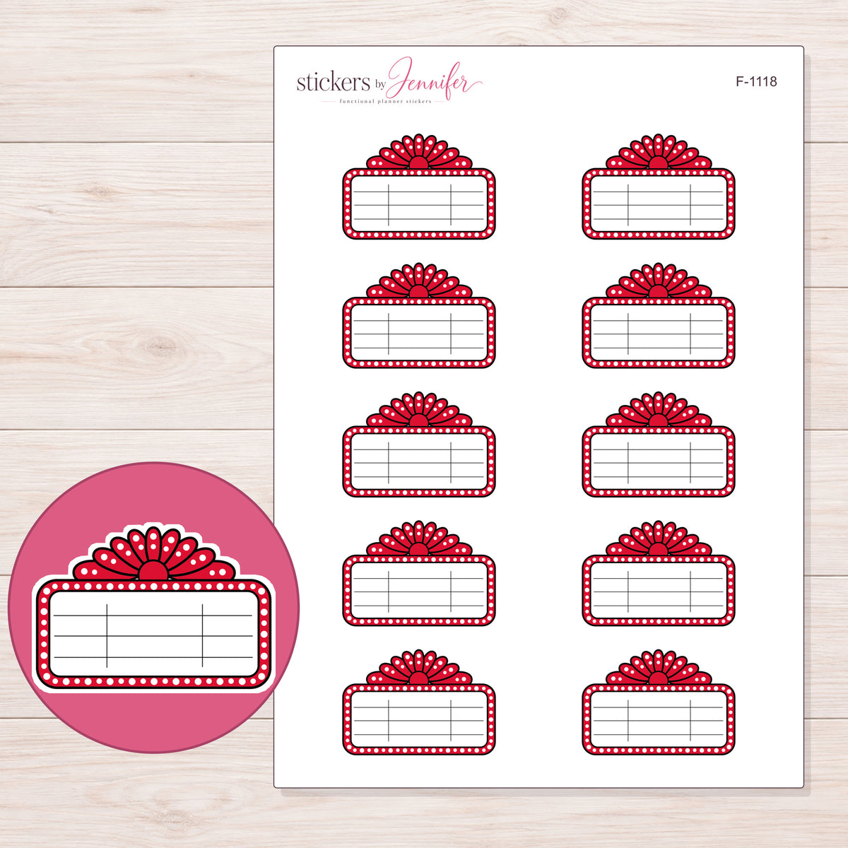 Red Cinema Marquee Label Planner Stickers | F-1118 — 5 × 7 inch sheet and enlarged sticker detail