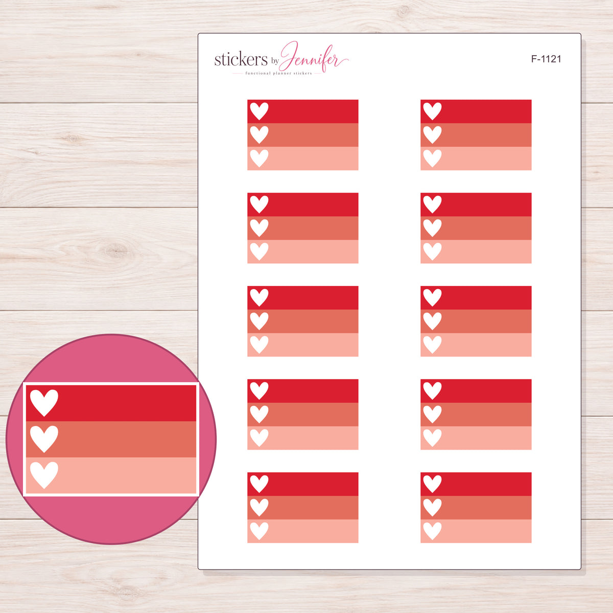 Red Ombre Heart Checklist Planner Stickers | F-1121 — 5 × 7 inch sheet and enlarged sticker detail