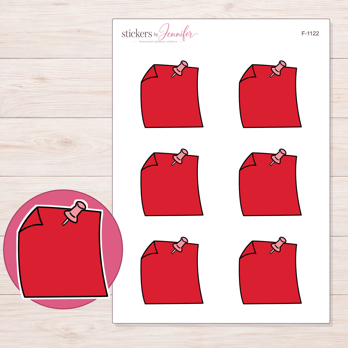 Red Pinned Note Planner Stickers | F-1122 — 5 × 7 inch sheet and enlarged sticker detail
