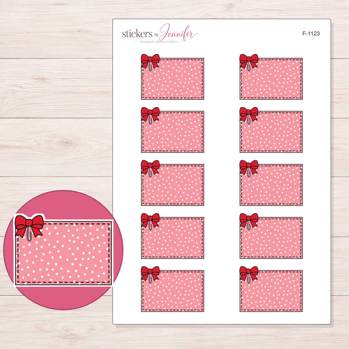 Pink Polka Dot Bow Half Box Planner Stickers | F-1123 — 5 × 7 inch sheet and enlarged sticker detail