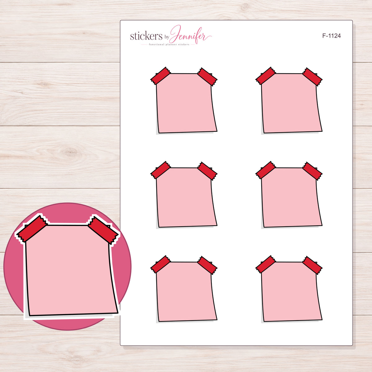 Pink Double-Tape Note Planner Stickers | F-1124 — 5 × 7 inch sheet and enlarged sticker detail