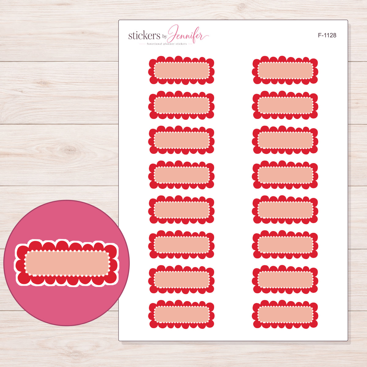 Red Scallop Dot Quarter Box Planner Stickers | F-1128 — 5 × 7 inch sheet and enlarged sticker detail