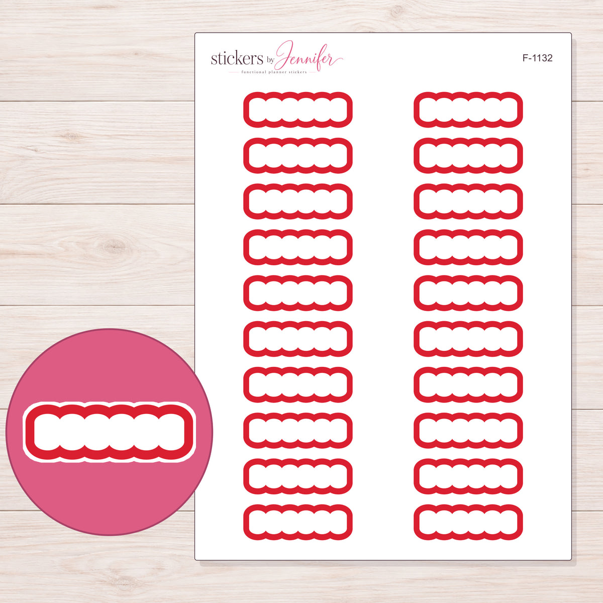 Red Outline Scallop Quarter Box Planner Stickers | F-1132 — 5 × 7 inch sheet and enlarged sticker detail