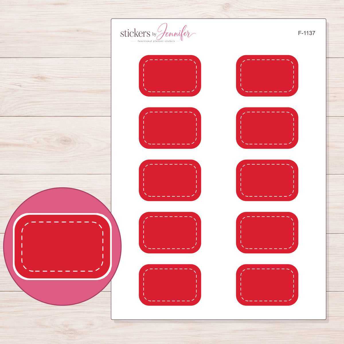 Red White-Stitch Half Box Planner Stickers | F-1137 — 5 × 7 inch sheet and enlarged sticker detail