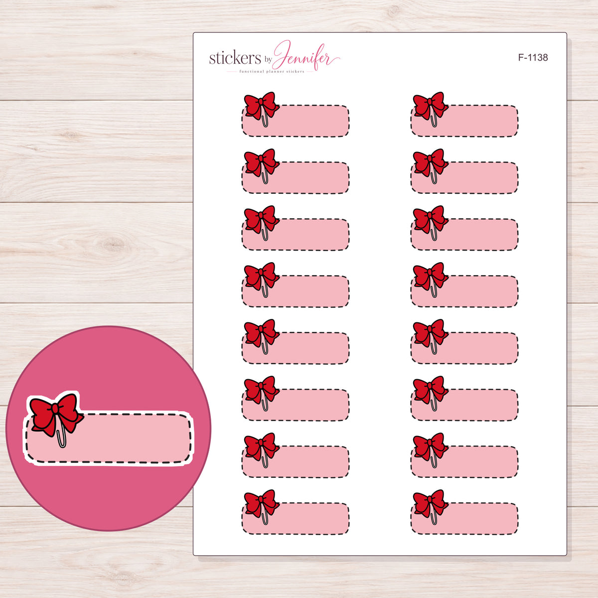 Pink Stitched Bow Quarter Box Planner Stickers | F-1138 — 5 × 7 inch sheet and enlarged sticker detail