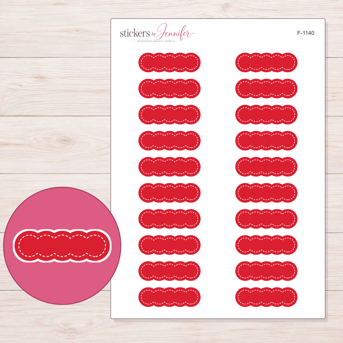 Red Stitched Scallop Label Planner Stickers | F-1140 — 5 × 7 inch sheet and enlarged sticker detail