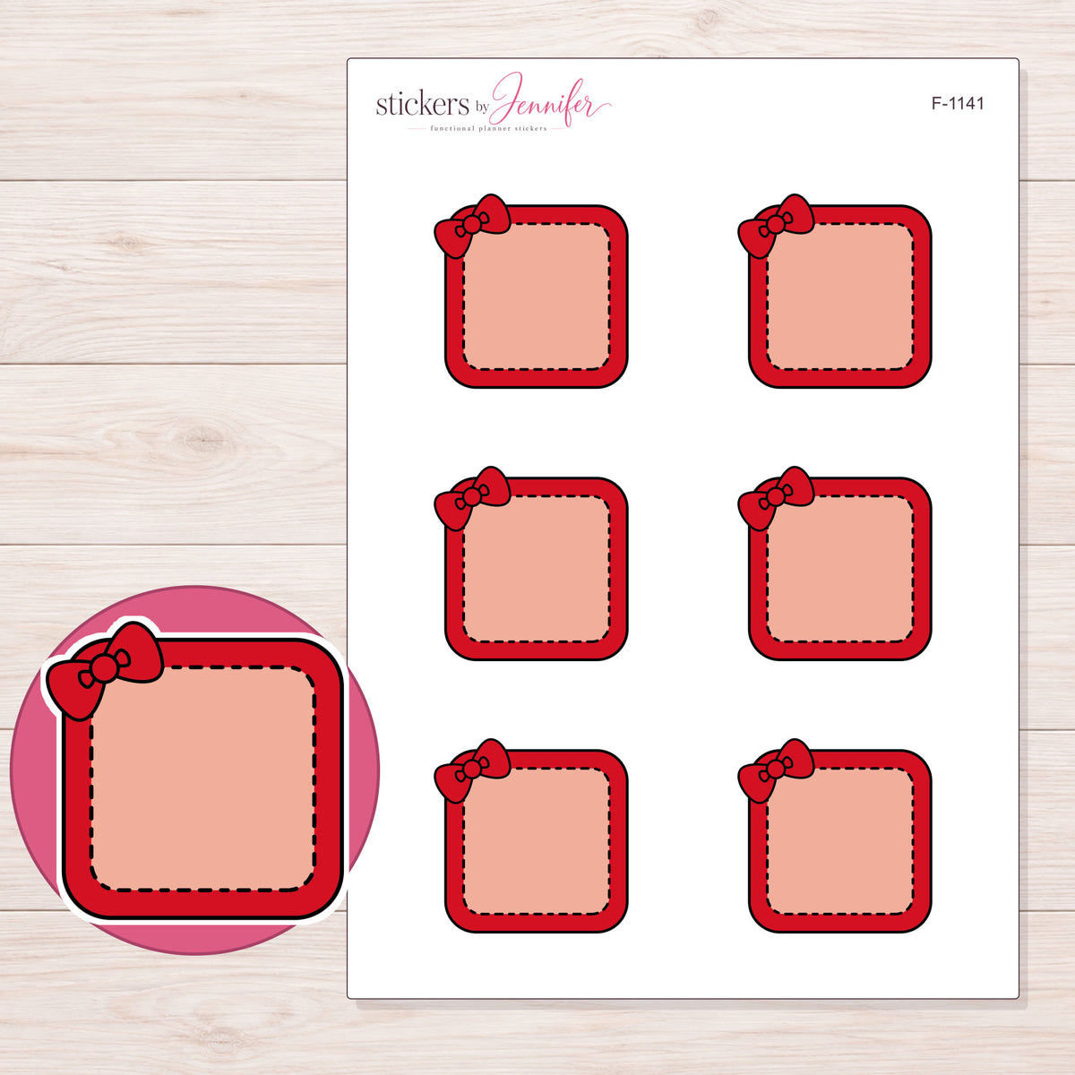 Red Stitched Square Bow Label Planner Stickers | F-1141 — 5 × 7 inch sheet and enlarged sticker detail