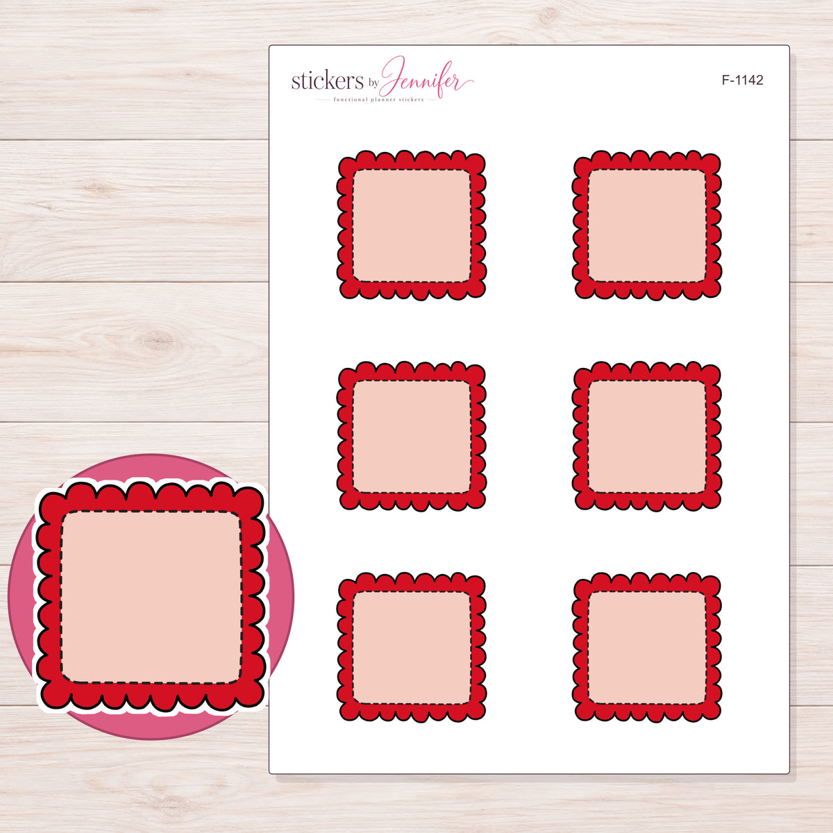 Red Scalloped Stitched Square Planner Stickers | F-1142 — 5 × 7 inch sheet and enlarged sticker detail