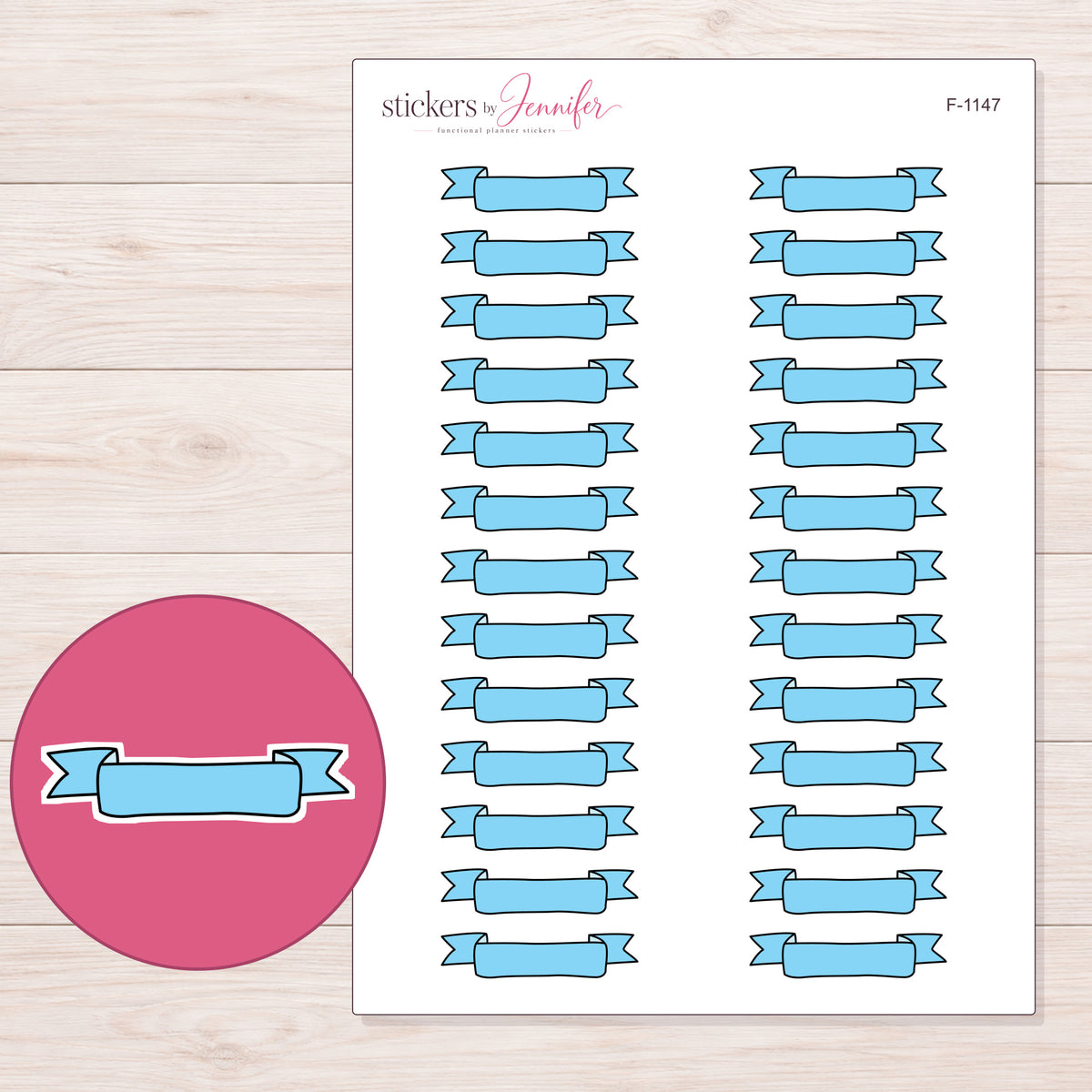 Blue Scroll Banner Label Planner Stickers | F-1147 — 5 × 7 inch sheet and enlarged sticker detail