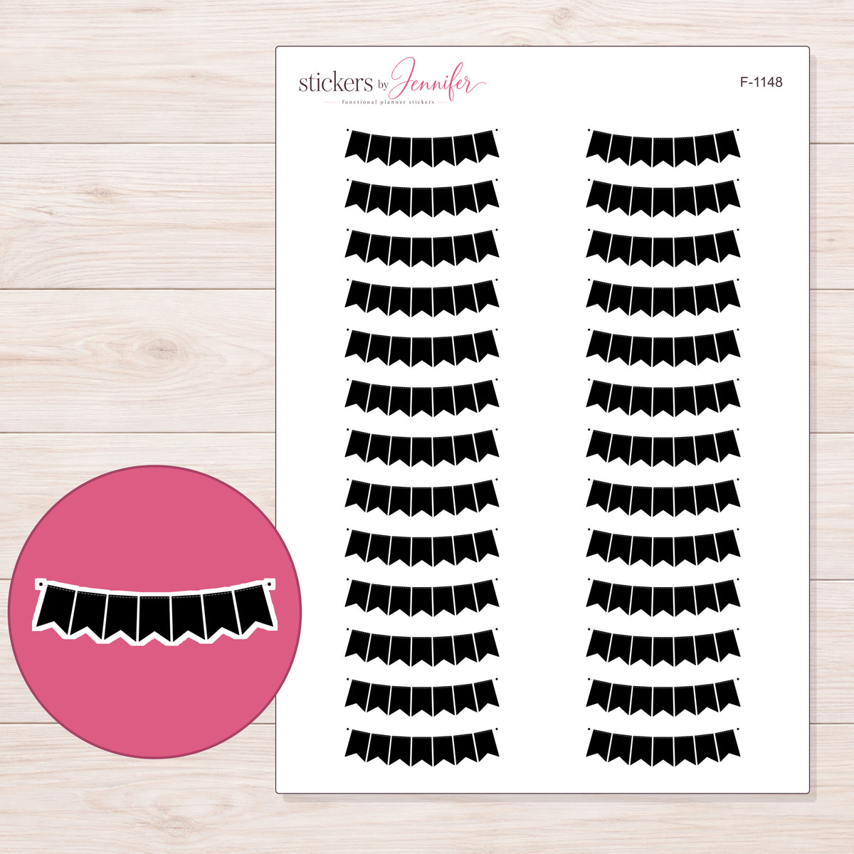Black Pennant Bunting Planner Stickers | F-1148 — 5 × 7 inch sheet and enlarged sticker detail