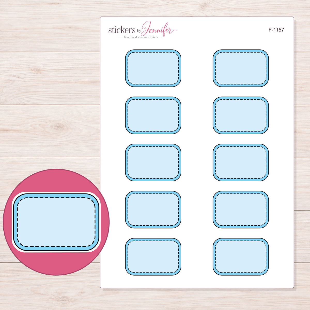Blue Stitched Half Box Label Planner Stickers | F-1157 — 5 × 7 inch sheet and enlarged sticker detail