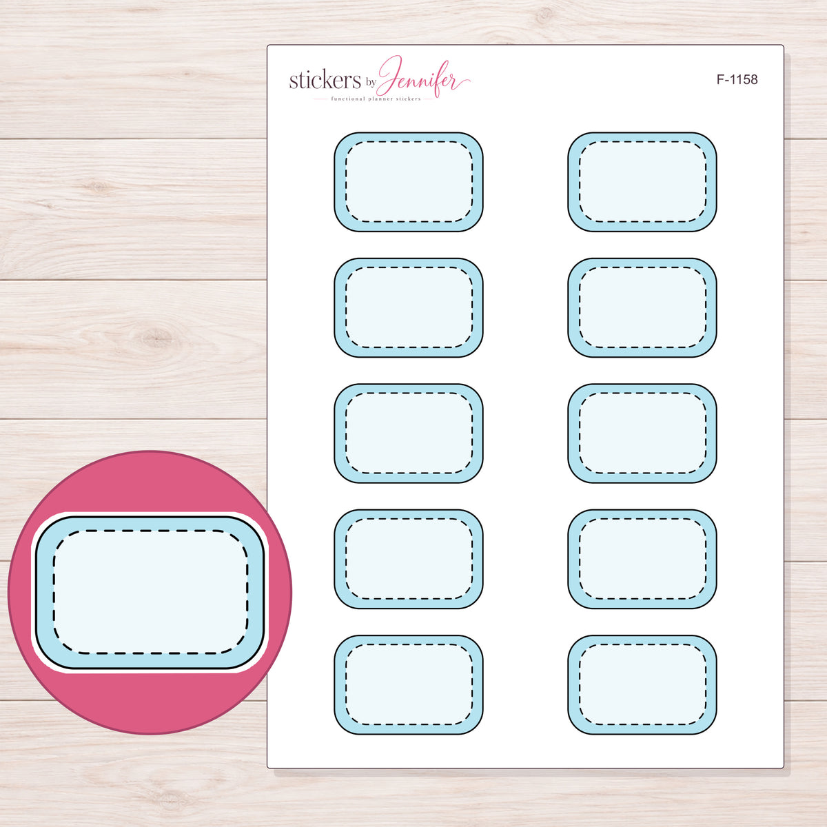 Blue Doodle Stitched Half Box Planner Stickers | F-1158 — 5 × 7 inch sheet and enlarged sticker detail