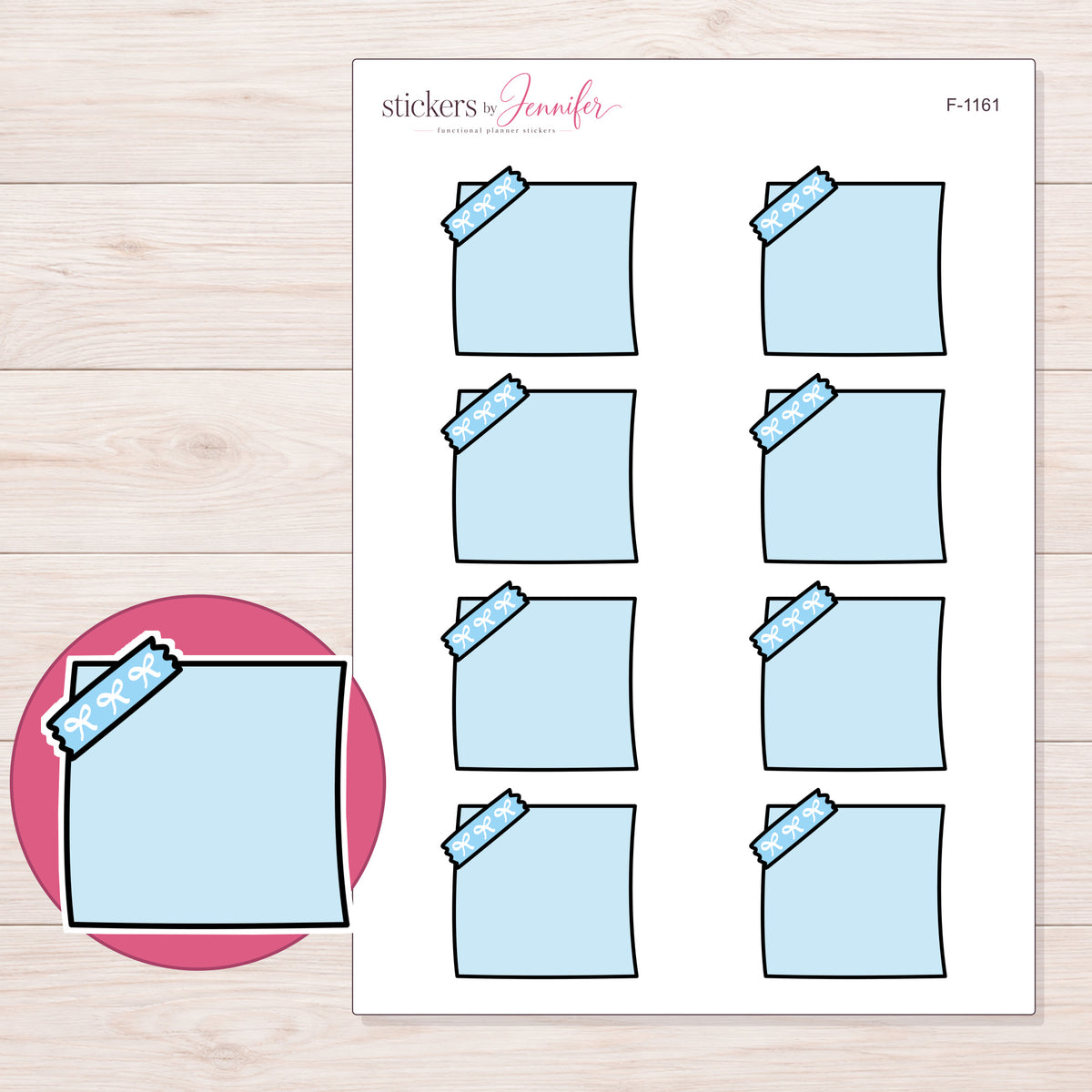 Blue Corner-Tape Note Planner Stickers | F-1161 — 5 × 7 inch sheet and enlarged sticker detail