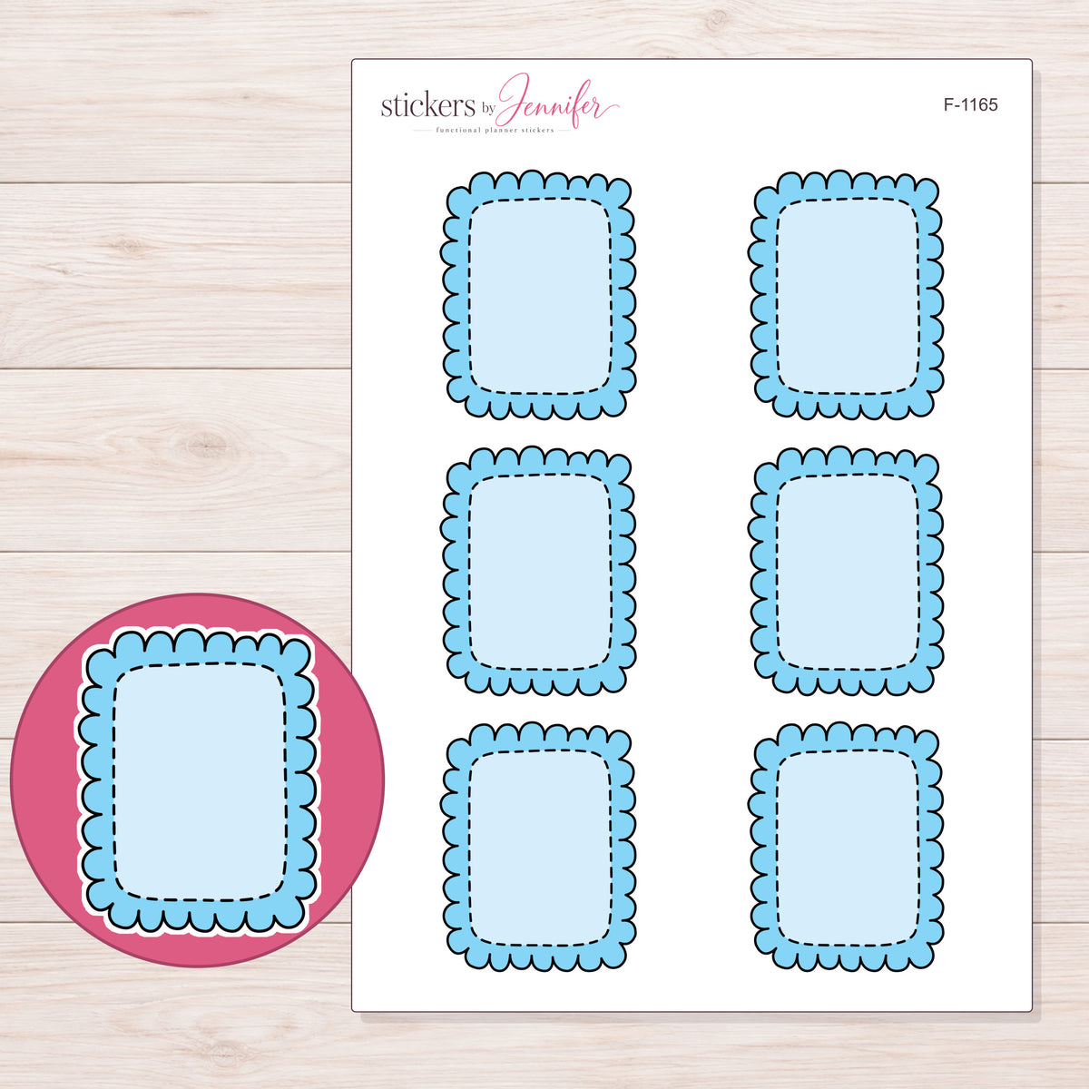 Blue Scalloped Full Box Planner Stickers | F-1165 — 5 × 7 inch sheet and enlarged sticker detail