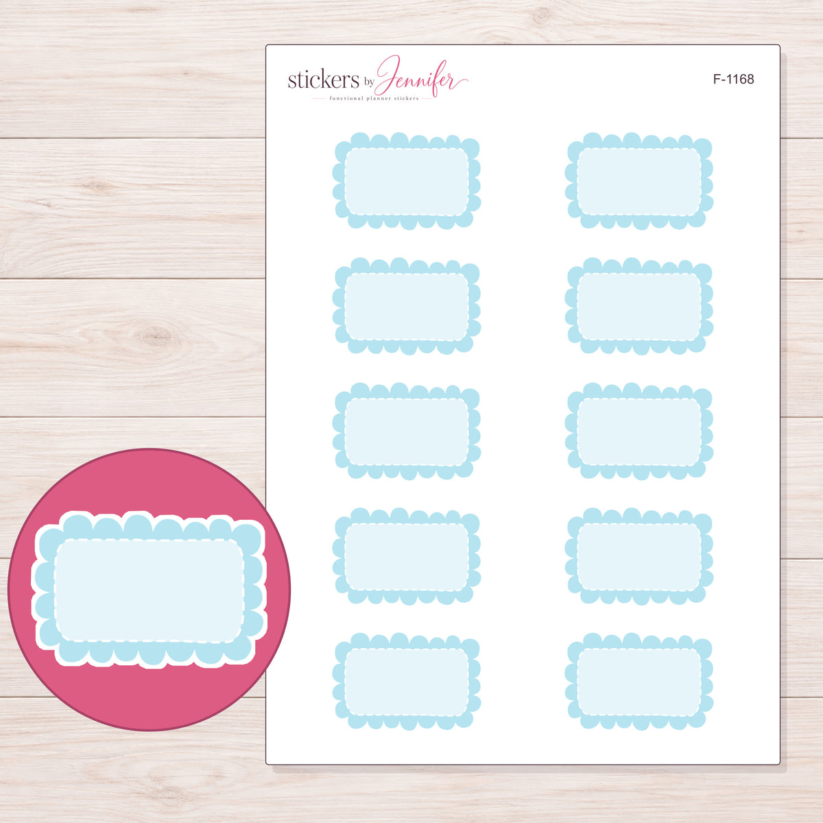 Blue Scalloped Half Box Label Planner Stickers | F-1168 — 5 × 7 inch sheet and enlarged sticker detail