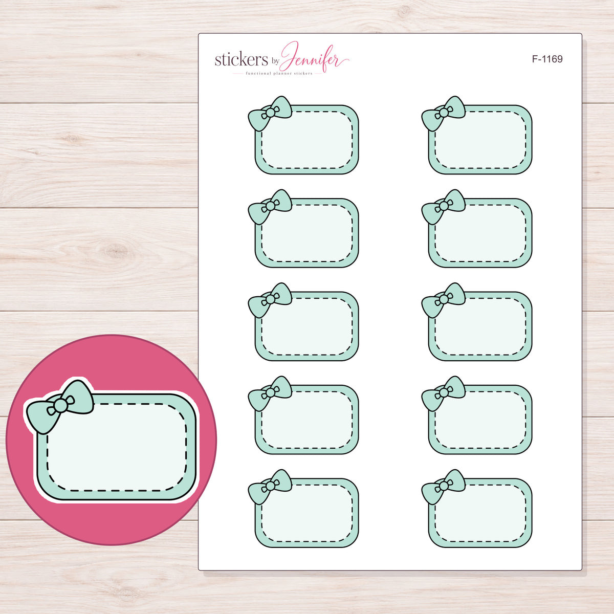 Mint Corner Bow Half Box Planner Stickers | F-1169 — 5 × 7 inch sheet and enlarged sticker detail