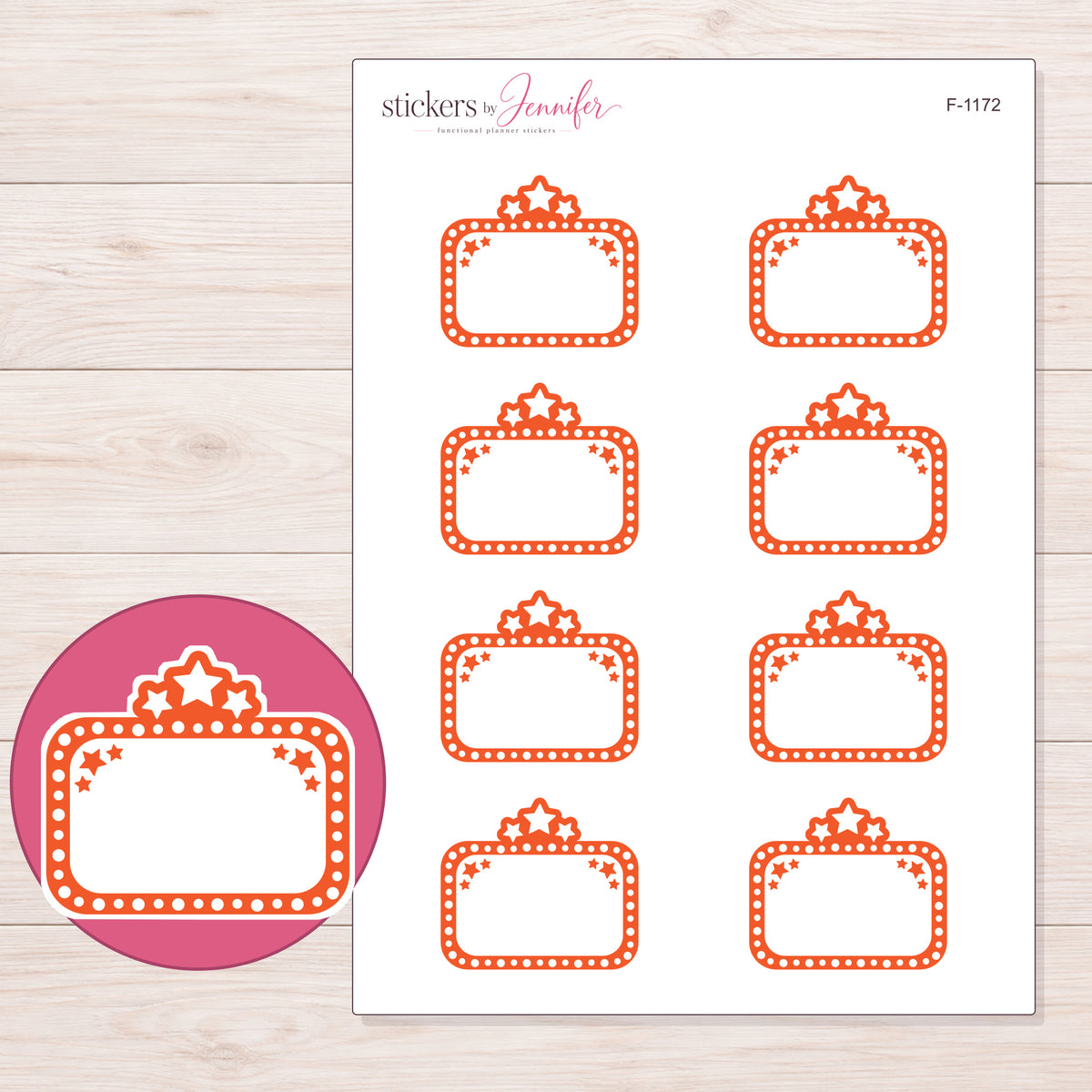 Orange Star Movie Marquee Planner Stickers | F-1172 — 5 × 7 inch sheet and enlarged sticker detail