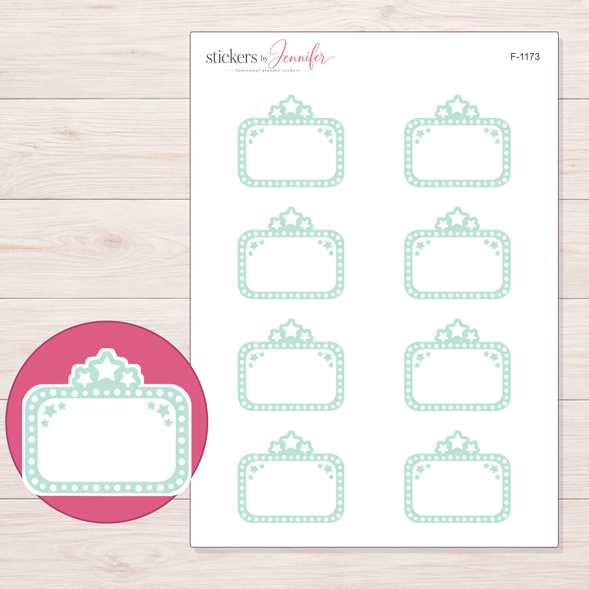 Mint Star Movie Marquee Planner Stickers | F-1173 — 5 × 7 inch sheet and enlarged sticker detail