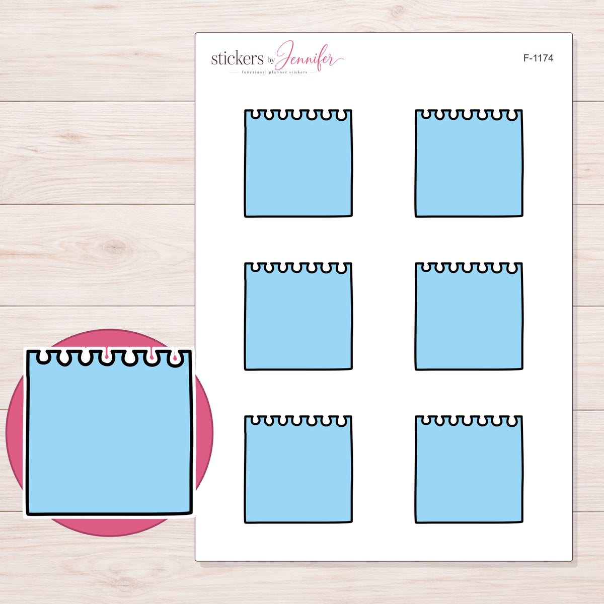 Blue Spiral Notepad Planner Stickers | F-1174 — 5 × 7 inch sheet and enlarged sticker detail