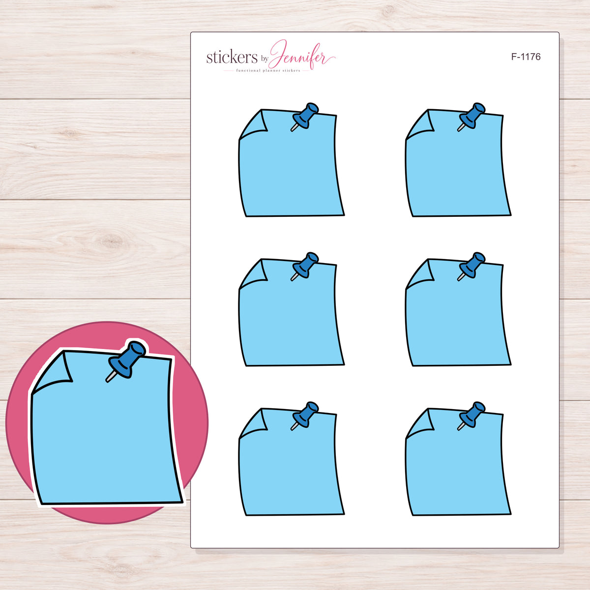 Blue Pinned Note Planner Stickers | F-1176 — 5 × 7 inch sheet and enlarged sticker detail
