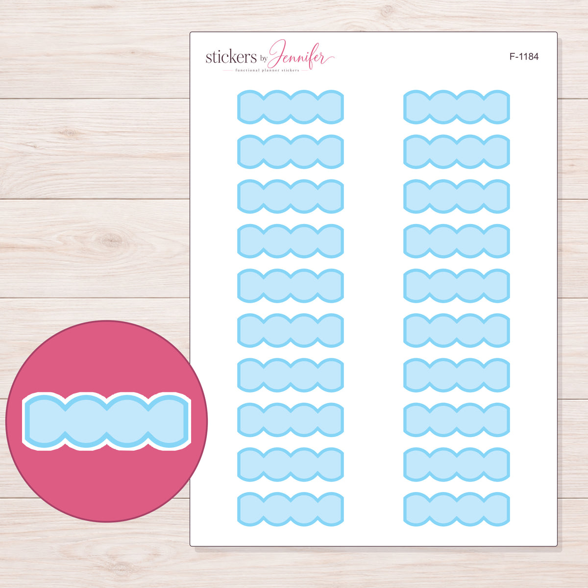 Blue Wavy Quarter Box Planner Stickers | F-1184 — 5 × 7 inch sheet and enlarged sticker detail