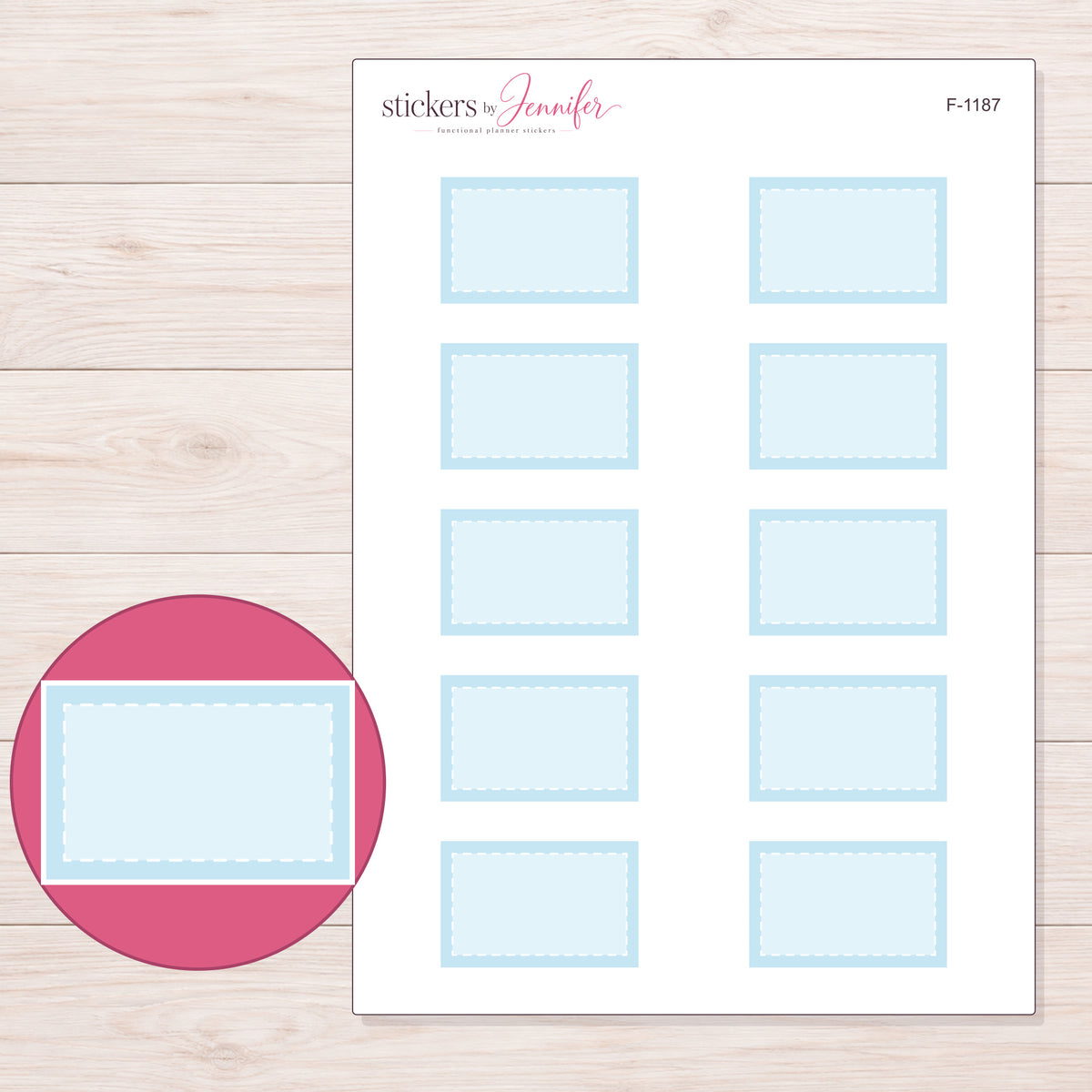 Blue Square-Corner Stitched Half Box Planner Stickers | F-1187 — 5 × 7 inch sheet and enlarged sticker detail
