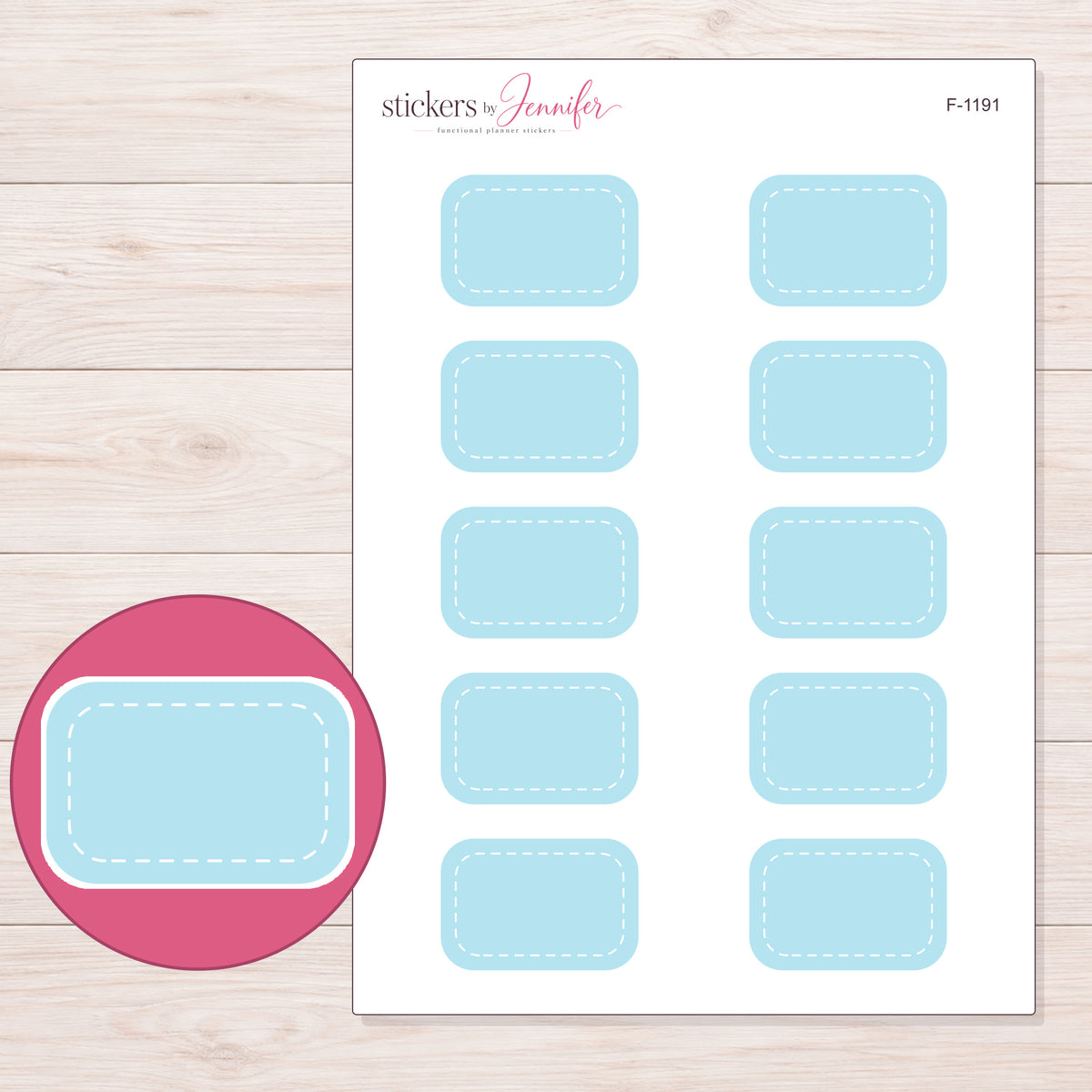 Blue White-Stitch Half Box Planner Stickers | F-1191 — 5 × 7 inch sheet and enlarged sticker detail