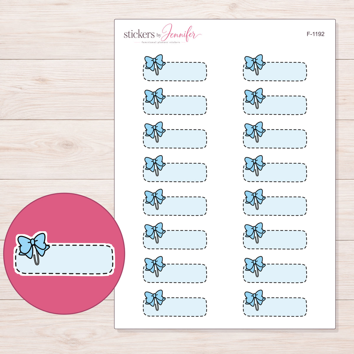 Pale Blue Stitched Bow Quarter Box Planner Stickers | F-1192 — 5 × 7 inch sheet and enlarged sticker detail