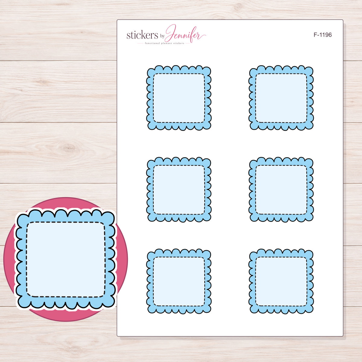 Blue Scalloped Stitched Square Planner Stickers | F-1196 — 5 × 7 inch sheet and enlarged sticker detail