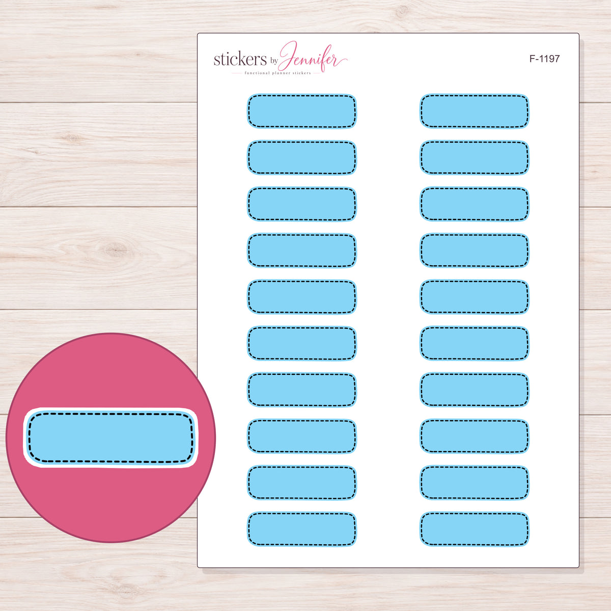 Blue Dark-Stitch Quarter Box Planner Stickers | F-1197 — 5 × 7 inch sheet and enlarged sticker detail