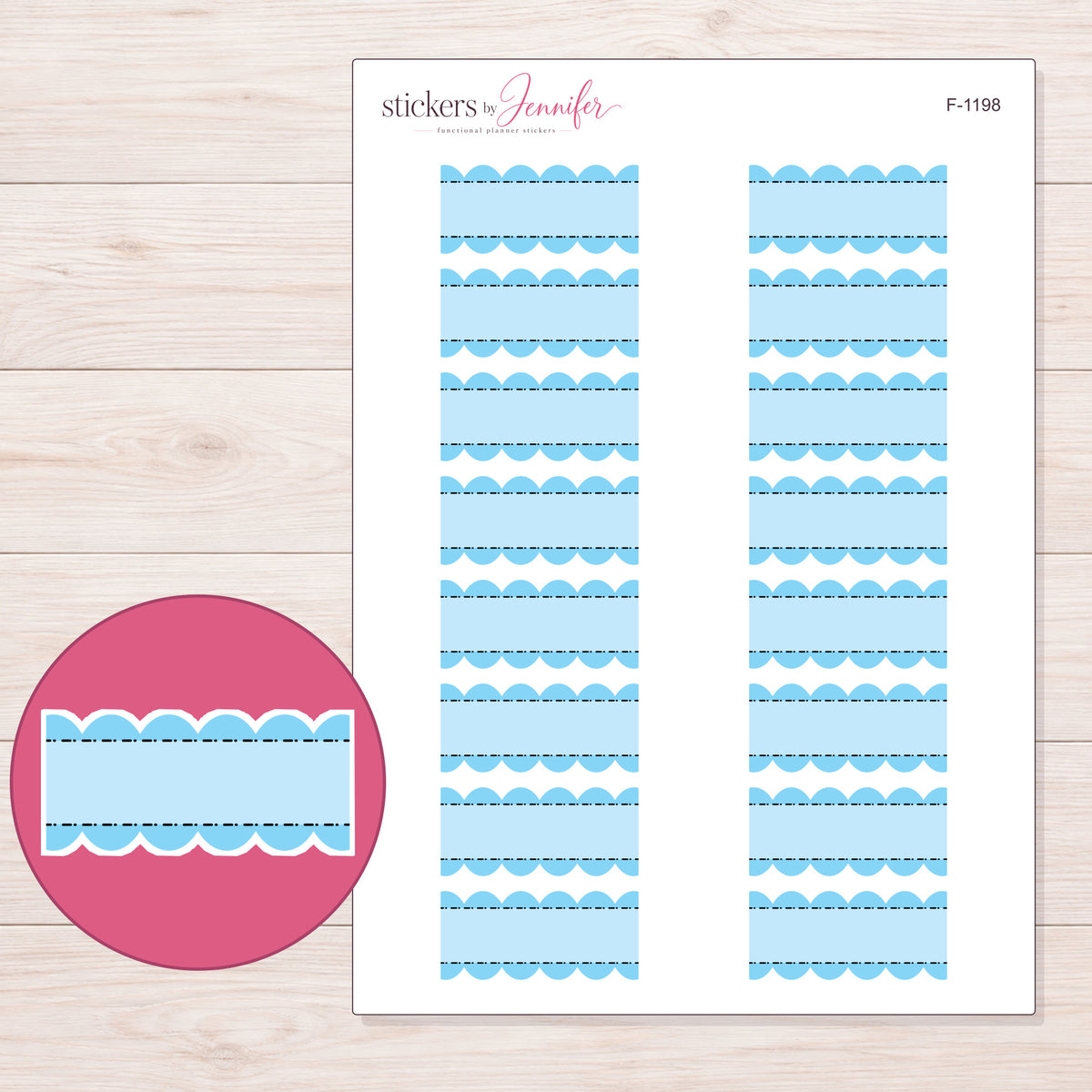 Blue Stitched Scallop Stripe Label Planner Stickers | F-1198 — 5 × 7 inch sheet and enlarged sticker detail