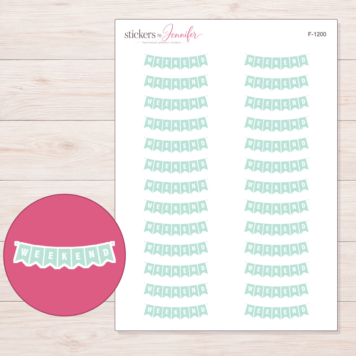 Mint Weekend Pennant Banner Planner Stickers | F-1200 — 5 × 7 inch sheet and enlarged sticker detail