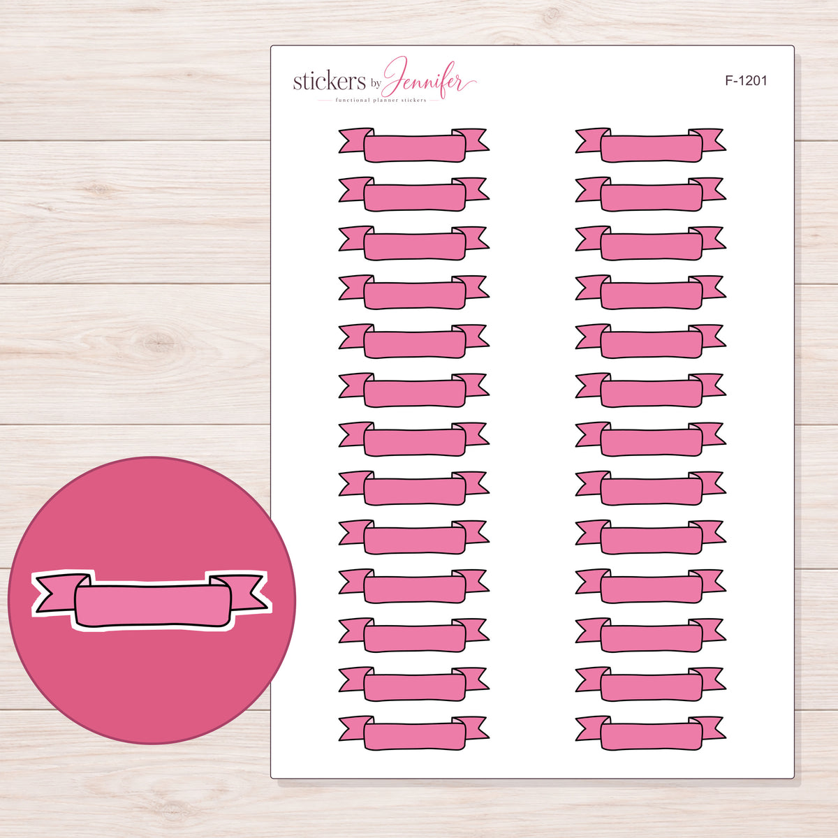Pink Scroll Banner Label Planner Stickers | F-1201 — 5 × 7 inch sheet and enlarged sticker detail