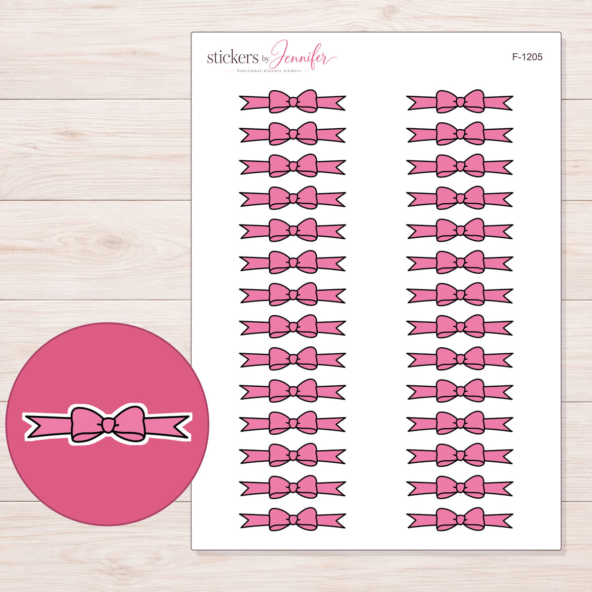 Pink Bow Ribbon Divider Planner Stickers | F-1205 — 5 × 7 inch sheet and enlarged sticker detail