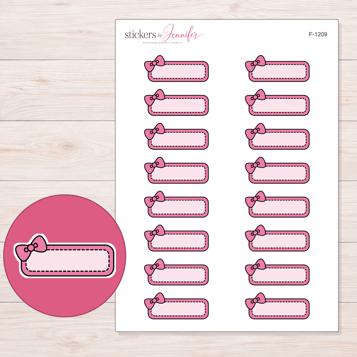 Pink Bow Quarter Box Label Planner Stickers | F-1209 — 5 × 7 inch sheet and enlarged sticker detail