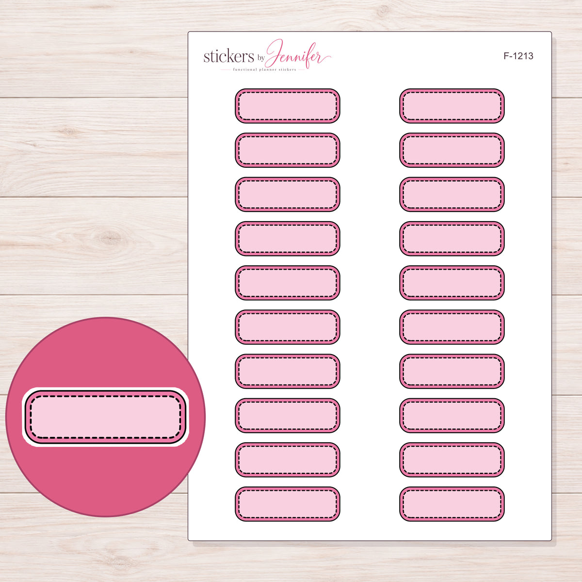 Pink Stitched Quarter Box Label Planner Stickers | F-1213 — 5 × 7 inch sheet and enlarged sticker detail