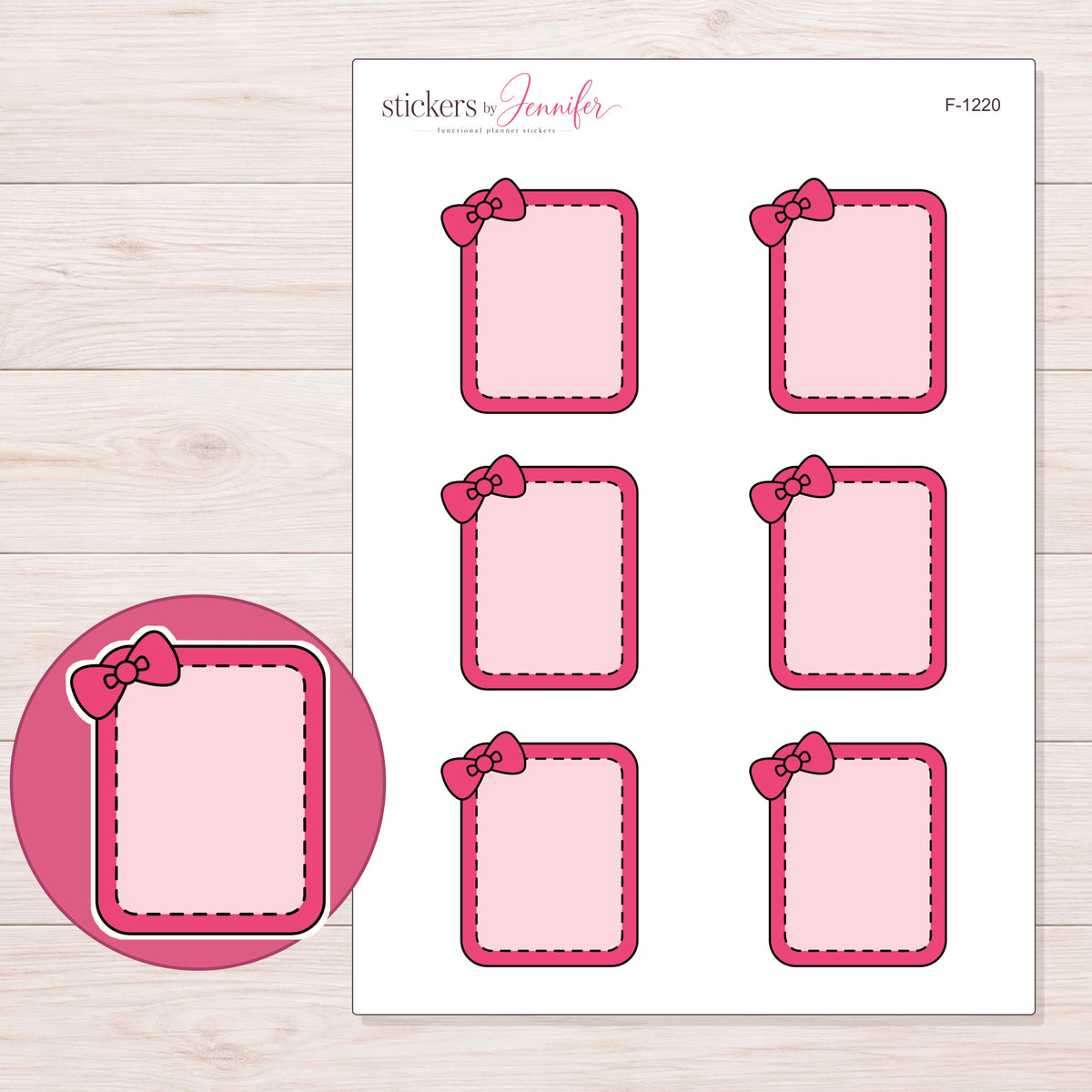 Pink Bow Full Box Planner Stickers | F-1220 — 5 × 7 inch sheet and enlarged sticker detail
