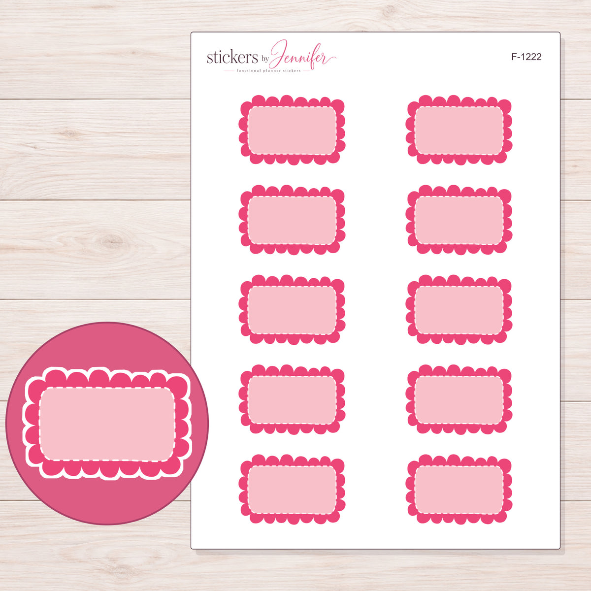 Pink Scalloped Half Box Label Planner Stickers | F-1222 — 5 × 7 inch sheet and enlarged sticker detail